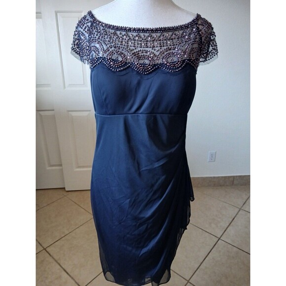 XSCAPE Womens Dress Dark Blue Navy part Riches beaded Zipper‎ Size 14 Cocktail - Picture 1 of 16
